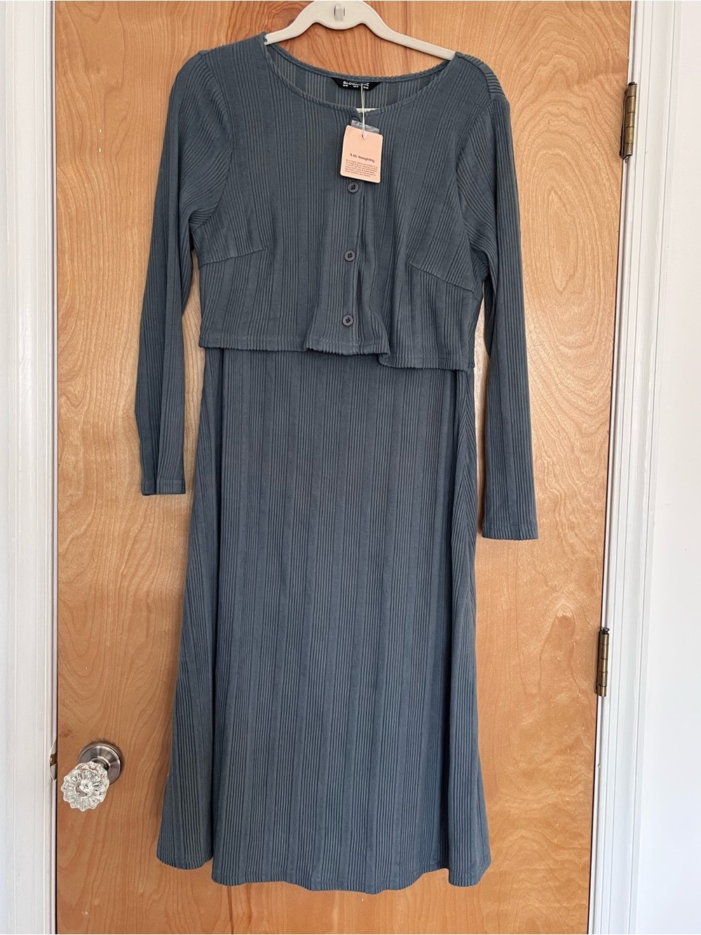 BloomChic Ribbed Button-Front Knit Set in Dusty Blue